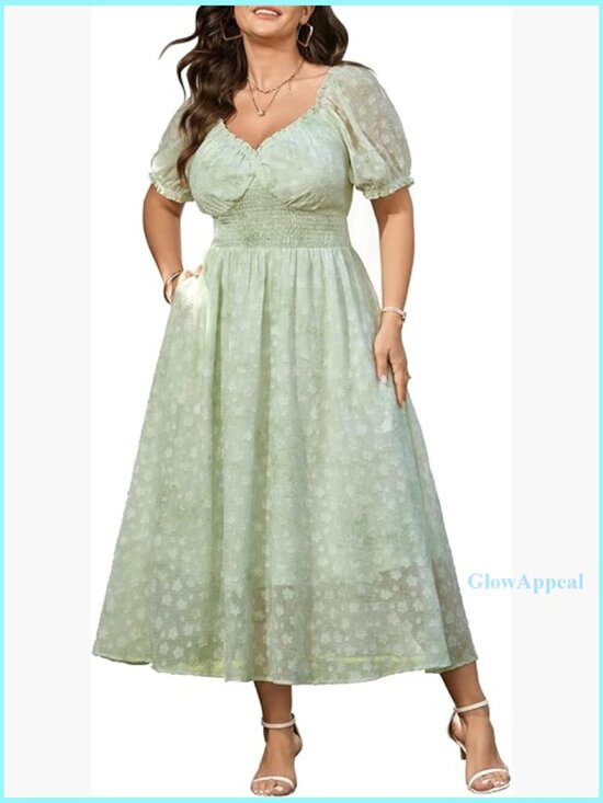 Dresses & Skirts - Plus Size Maxi Dress Sweetheart Neckline Puff Sleeves Floral Chiffon Wedding